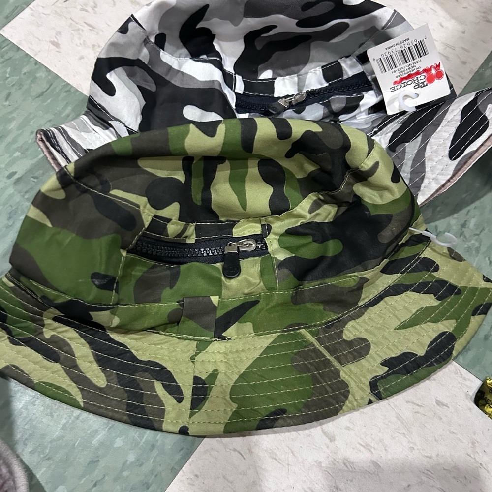 2 Camouflage Bucket Hats with Zipper Pocket
